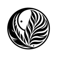 A stylized black and white Yin Yang design, reimagined with intricate leaf and feather motifs, set against a clean white backdrop, representing balance. vector