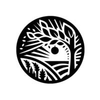 Monochrome Apple Tree and Landscape Silhouette within a Circular Frame A Stylized, Symbolic Depiction. vector