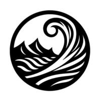 A minimalist, symmetrical, black and white featuring a wave cresting and crashing over a mountain range, all contained within a circular frame. vector