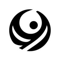 Black and White Minimalist Abstract Logo A stylized emblem featuring curves, a central dot, and crescent shapes in a circular design. vector