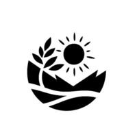 A minimalist black and white circular design, featuring stylized mountains, sun, and a leafy wheat stalk, suggesting natures harmony. vector
