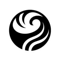 A stylized black and white circular featuring swirling wavelike forms and curved elements, creating a dynamic and abstract composition within a solid dark sphere against a stark white backgro vector