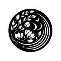 Intricate black and white circular featuring stylized lotus flowers, crescent moon, butterfly, and leaves within an ornamental frame, evoking serenity. vector