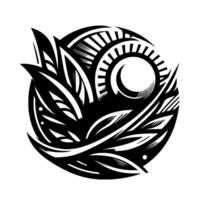 Geometric Black White Illustration Circle Composition with Abstract Leaves, Sun Symbol, and Decorative Elements. vector