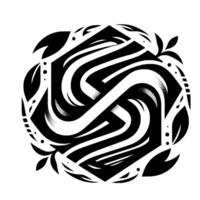 Intricate Black White Geometric Featuring Intertwined Shapes, Gradients, Leaves, and Dot Accents within a Circular Frame, Evoking Balance and Modernity. vector