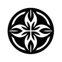 Symmetrical Black and White Floral in a Circle with Stylized Petals and Arcs, Set Against a Pure White Background. vector