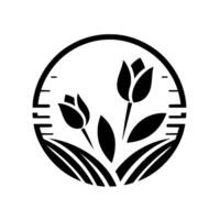 A minimalist black and white emblem showcasing two tulip blossoms, stylized with bold lines within a circular frame and illustrative elements. vector