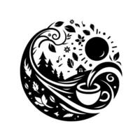 A stylized black and white circular featuring a coffee cup receiving liquid from a sunlit landscape, interwoven with trees, leaves, and musical notes. vector