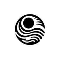 Abstract black and white circular depicting the sun, waves, and stylized elements, set against a pristine white background. vector