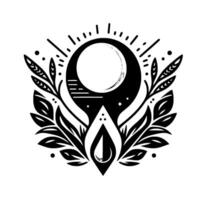 A minimalist, symmetrical black and white features a moonlike orb surrounded by radiating lines, stylized leaves, and a central drop, conveying balance. vector