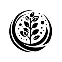 A minimalist black and white depicting a stylized tree with leaves and dots within a circle and crescent moon, symbolizing growth. vector