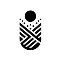 Geometric Abstract Composition A stylized black emblem features a central oval with layered linear patterns, a large circle, and scattered dots, all set against a stark white background. vector