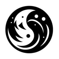 A stylized Yin and Yang symbol composed of swirling black and white crescent shapes, punctuated by dot accents, in a circular design. vector