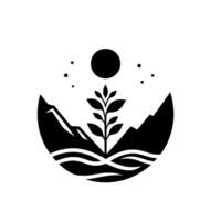A Minimalist Black and White Illustration A Plant Growing Between Mountain Silhouettes Under a Round Sun and Stars. vector