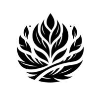 Symmetrical, stylized black and grey leaf design, creating a circular pattern set against a stark white backdrop, with hints of gradient. vector