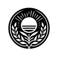 Black and white minimalist emblem featuring a sun, a horizon line, and foliage within a circular border, evoking nature simplicity. vector
