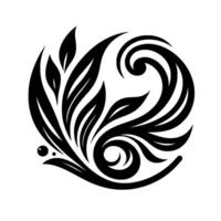 Intricate Black and White Floral Emblem A symmetrical of stylized leaves and curls, forming a circular pattern on a clean white backdrop. vector