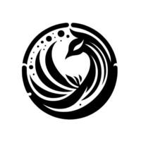 A stylized, symmetrical black and white emblem of a mythical bird, possibly a phoenix, within a circular frame, featuring flowing lines and dot accents. vector