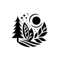 A stylized minimalist illustration of a night scene, featuring a pine tree, leaves, a crescent moon, stars, and dots, rendered in bold black and white. vector