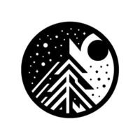A stylized black and white depicting a segmented tree, a night sky with stars, and a crescent moon within a circular frame. vector