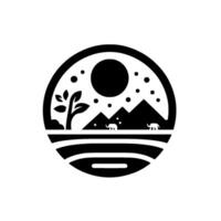 A Minimalist, Circular Illustration Depicting a Serene Landscape with Mountains, Elephants, a Tree, a Large Sun, and a Starry Sky, all framed in a Black and White Design. vector