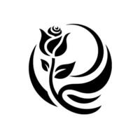 Bold Black Rose Silhouette within a Circular Design, Featuring Petals, Leaves, and Abstract Flowing Elements on a White Background. vector