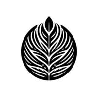 Elegant Black and White Botanical Design A stylized leaf arrangement encased within a perfect circle, showcasing intricate linework and a minimalist aesthetic. vector