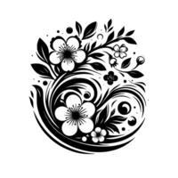 Elegant Floral Design A symmetrical, monochrome composition featuring stylized cherry blossom branches, leaves, and swirling patterns, arranged in a balanced, organic shape. vector