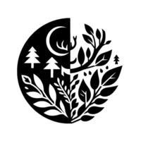 Symbolic monochrome circular featuring a split composition of night and day, incorporating trees, moon, antlers, and foliage. vector