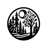 Silhouette of a forest scene in a circular frame featuring a full moon and a diverse array of trees. vector