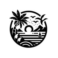 Serene Black and White Circular Illustration of a Tropical Sunset Scene with Palm Trees, Mountains, Birds, and a Sailboat, Emphasizing Summers Calm. vector