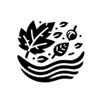 A monochromatic, stylized showcasing an autumn scene with swirling leaves, a nut, and flowing lines, representing natures cycle within a circular composition. vector