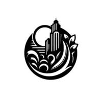 Art Decoinspired emblem featuring a cityscape within a circular frame, adorned with flowing stylized leaves and sunlike elements, showcasing a balance of nature and urban design. vector