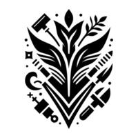 Monochromatic Emblem Floral and Tool Composition, a striking black and white symmetrical featuring leaves, tools, and abstract geometric shapes. vector