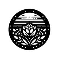 A black and white circular featuring a central stylized flower with intricate dotwork detailing, surrounded by symmetrical foliage, a segmented horizon line, and bordered by small, eve vector