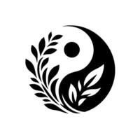 YinYang Symbol Intertwined with Botanical Elements A Harmonious Balance of Nature and Duality, depicted in Black and White. vector