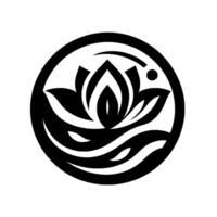 Elegant black and white minimalist featuring a stylized lotus flower floating above abstract waves within a circular frame. vector