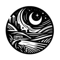 Nighttime cityscape scene within a circle, featuring a crescent moon, starry sky, rolling hills, train, and a minimalist illustration style. vector