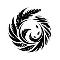 A circular, stylized artwork showcasing an elegant arrangement of black featherlike shapes spiraling inwards against a stark white background, evoking a sense of harmony and natural beauty. vector