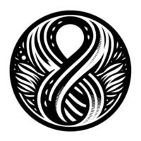 A symmetrical black and white featuring an intertwined figureeight shape encircled with stylized botanical elements and intricate linework, all contained within a circular frame. vector