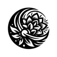 A circular monochrome featuring a stylized lotus flower with radiating petals, surrounding by flowing lines and detailed foliage, emphasizing balance and harmony. vector