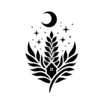 A minimalist night scene emblem with a house nestled amidst leaves, beneath a crescent moon and starry sky, creating a serene design. vector