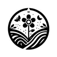 Stylized Black and White Nature Symbol A Blooming Flower Surrounded by a Field, Butterfly, Moon, and Dew Drop, Enclosed in a Circle. vector