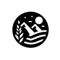 Abstract Minimalist Circular Emblem Wheat, Mountains, Sun, and Waves in a Bold Black and White Design, Evoking Nature. vector