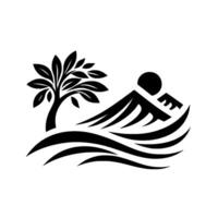 Abstract monochrome emblem depicting a stylized landscape with a tree, mountains, sun, and water waves, conveying natures essence. vector