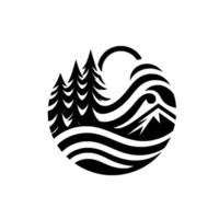 Serene Black and White Circle Composition Featuring Pine Trees, Mountains, and a Sun Over a Wavy Landscape, Evoking Calm. vector