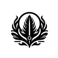 Ornamental Monochromatic Feather Design, Enclosed in a Circle with Flowing, Symmetrical Foliage Elements for a Decorative Badge or Logo. vector