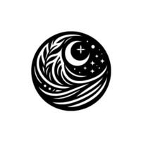 A circular black and white minimalist design, depicting a crescent moon with a cross inside, stars, a leaf and abstract wave patterns in a serene, celestial scene. vector