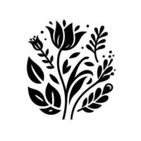 A stylized black and white floral arrangement featuring a tuliplike bloom, leaves, sprigs, and dots arranged in a circular composition, creating a minimalist botanical design. vector