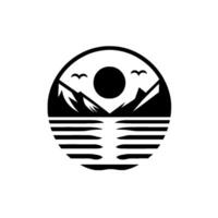 A minimalist circular emblem featuring a stylized black landscape with mountains, sun, reflecting water, and birds against a white background, perfect for branding. vector